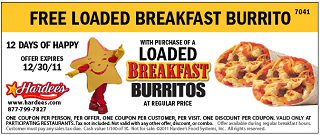 Hardees BOGO FREE Breakfast Coupon Hardees: BOGO FREE Loaded Breakfast Burrito Printable Coupon