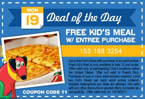 Chilis Deals of the day 12 19 Chili’s: FREE Kids Meal with Entree Purchase Coupon   Today 12/19