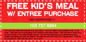 Chilis Kids Eat FREE with Entree Purchase Chilis: Kids Eat FREE with Entree Purchase (1/2 to 1/4)