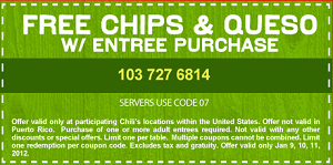 FREE Chips and Queso Chilis: FREE Chips and Queso with Entree Purchase Coupon