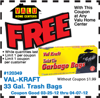 Valu Home Trash Bags 200 FREE Val Kraft 33 Gallon Trash Bags at Valu Home Centers