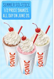 Sonic Sonic: 1/2 Price Shakes ALL Day on June 20th