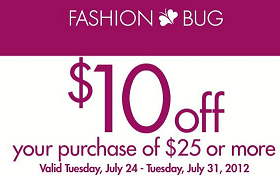 Fashion Bug Coupon Fashion Bug: $10 off $25 Purchase Coupon