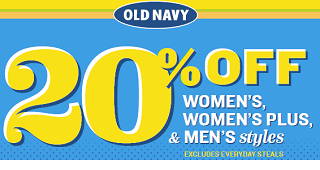 Old Navy 20 percent off Old Navy: 20% off Men & Women Styles and $15 off $75 Coupon 