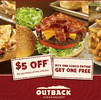 Outback Steakhouse BOGO Lunch Outback Steakhouse: BOGO FREE Lunch and $5 Off 2 Entrees Coupons 