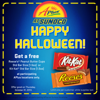 Sunoco Halloween Coupon FREE Reese’s Peanut Better Cups or Kit Kat at Aplus Sunoco Stores on 10/31