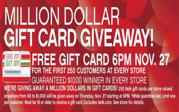 Belk Gift Card FREE Gift Card at Belk Stores on 11/27